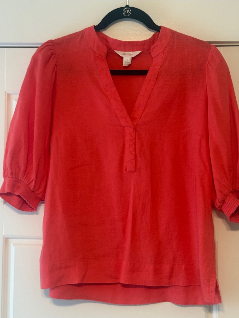 Lilly Pulitzer Coral-Red Split V-Neck Puff Sleeve Top